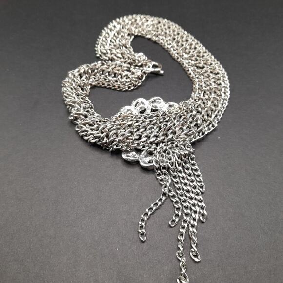 Formal Rhinestone Floral Pendant Necklace, Layered Silver Tone Chain, 16 Inches - Picture 8 of 9